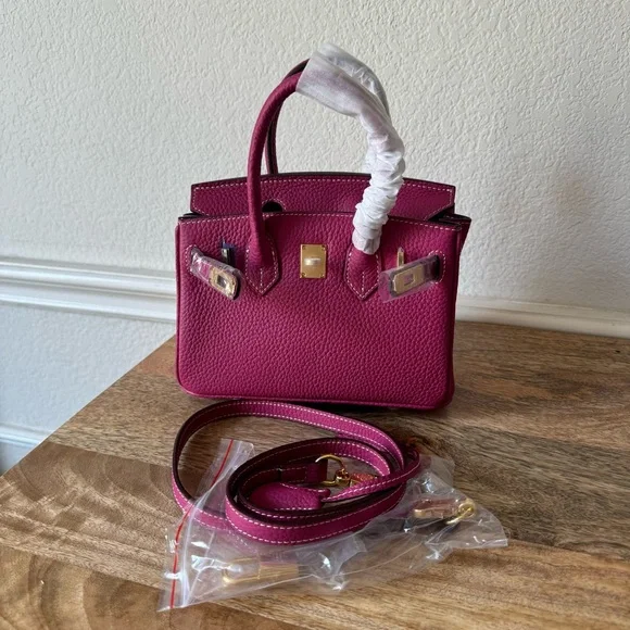 Fuchsia Pink Mini 20 Leather Top Handle Bag Structured Satchel w/ Gold HW B13 - Picture 9 of 10